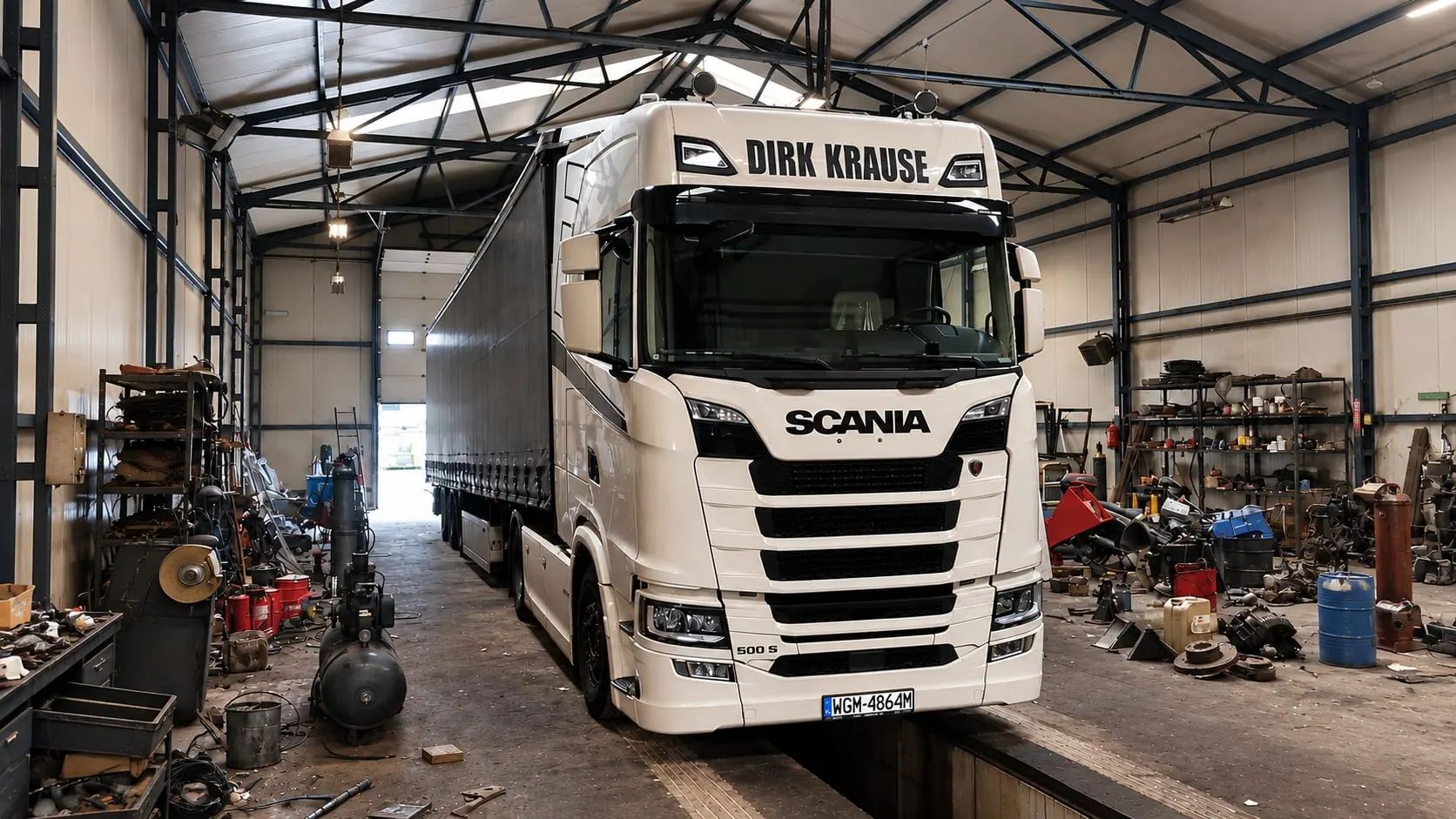 Ciągnik Scania w trakcie naprawy w warsztacie TIR